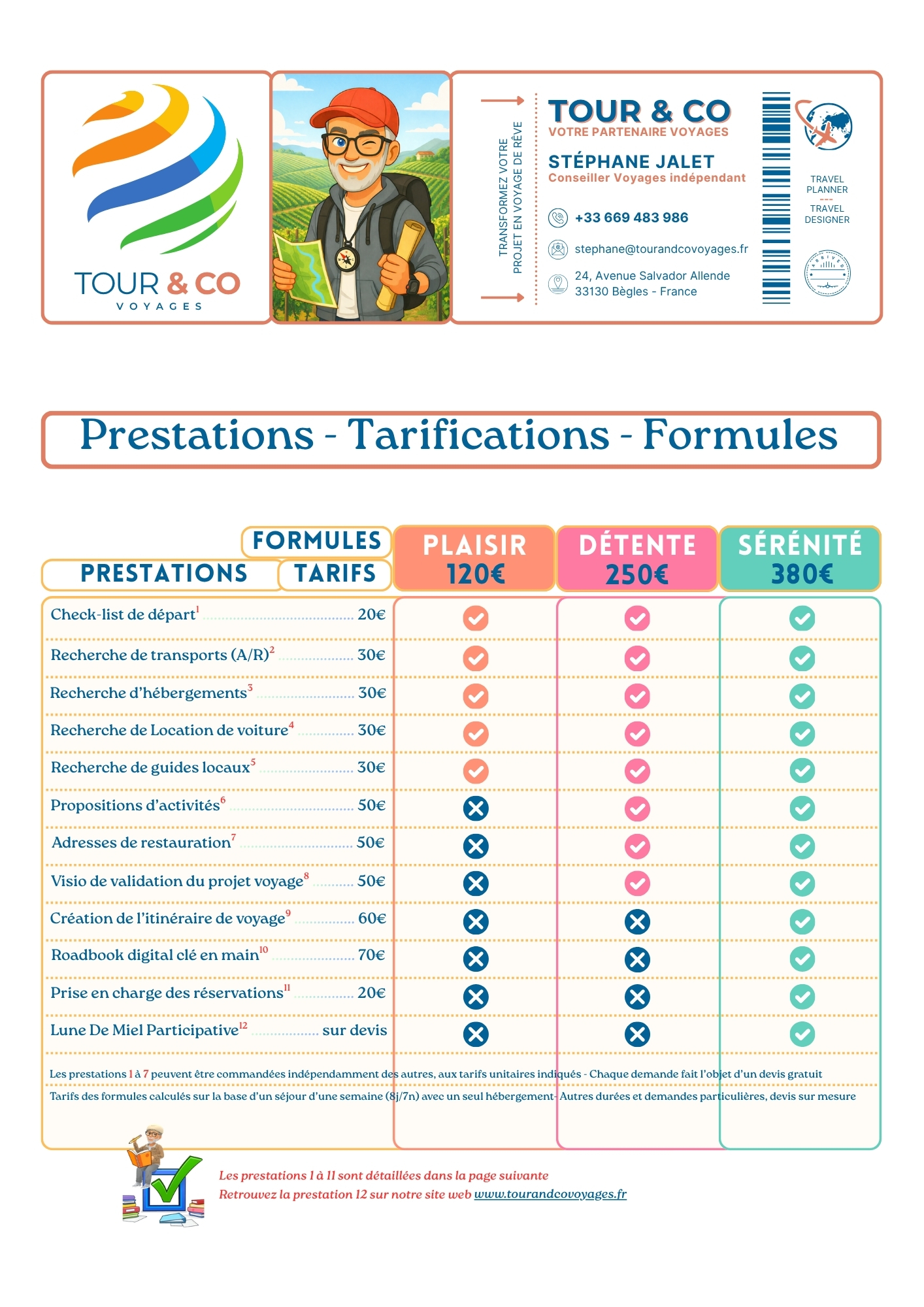 Les prix de toutes les prestations de Tour & Co et les formules proposées